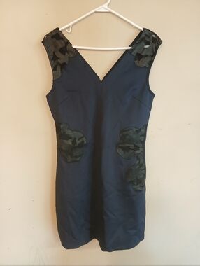 Navy V-Neck Sleeveless Dress with Green Appliqué Accents